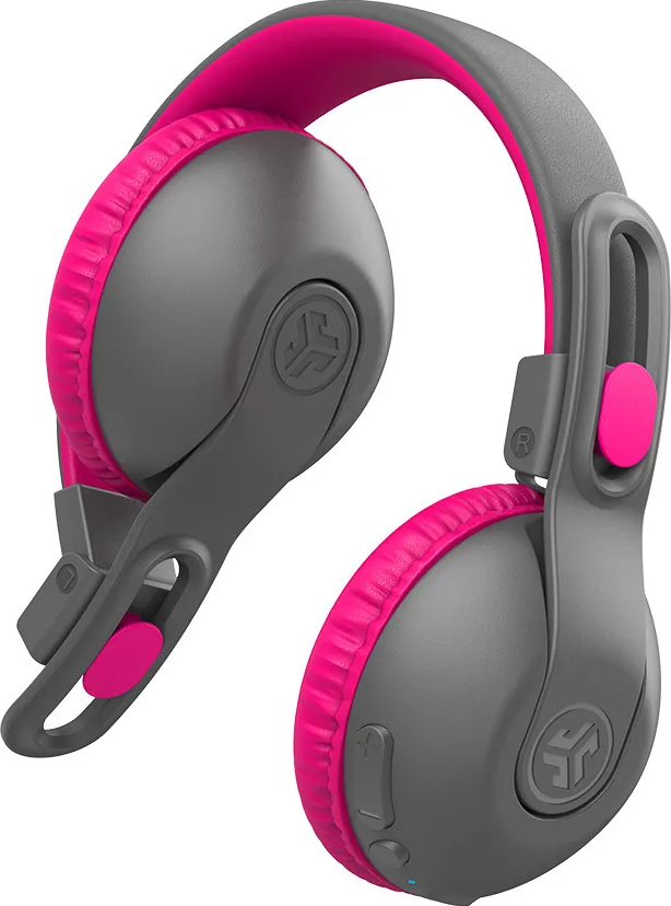 Cuffie grigie e rosa, con cuscinetti e dettagli rosa.