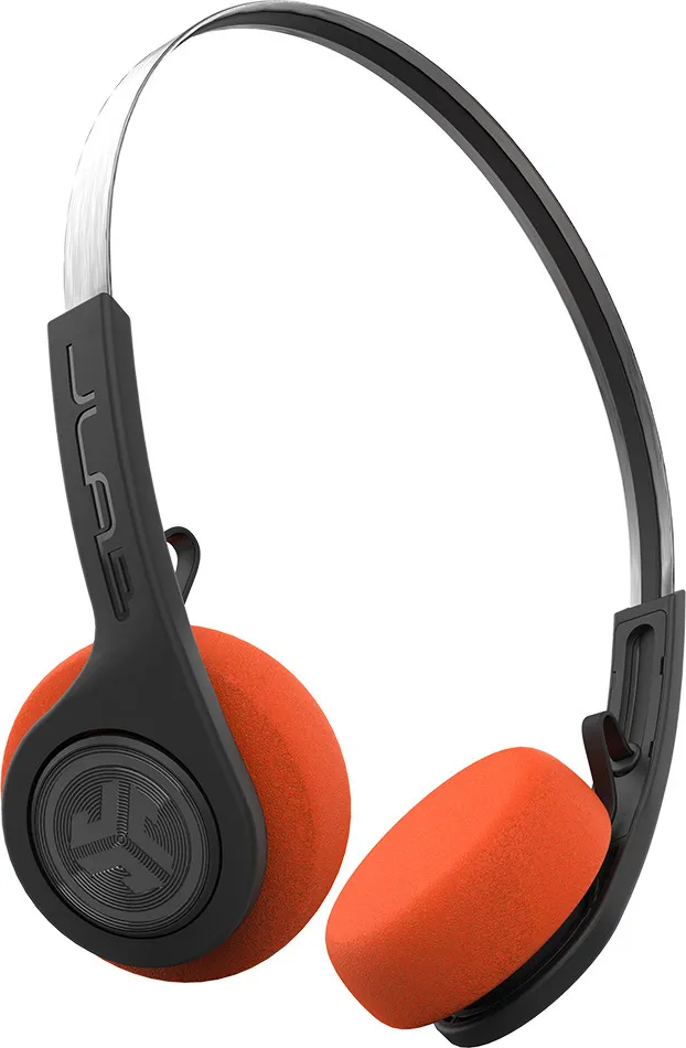 Kopfhörer mit schwarzem Rahmen, orangefarbenen Ohrmuscheln und orangefarbener Schaumstoffpolsterung.