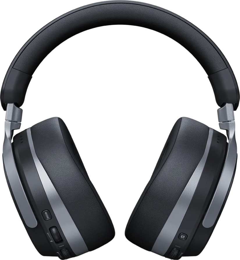 Cuffie over-ear nere con dettagli argento su sfondo bianco, vista dall'alto.