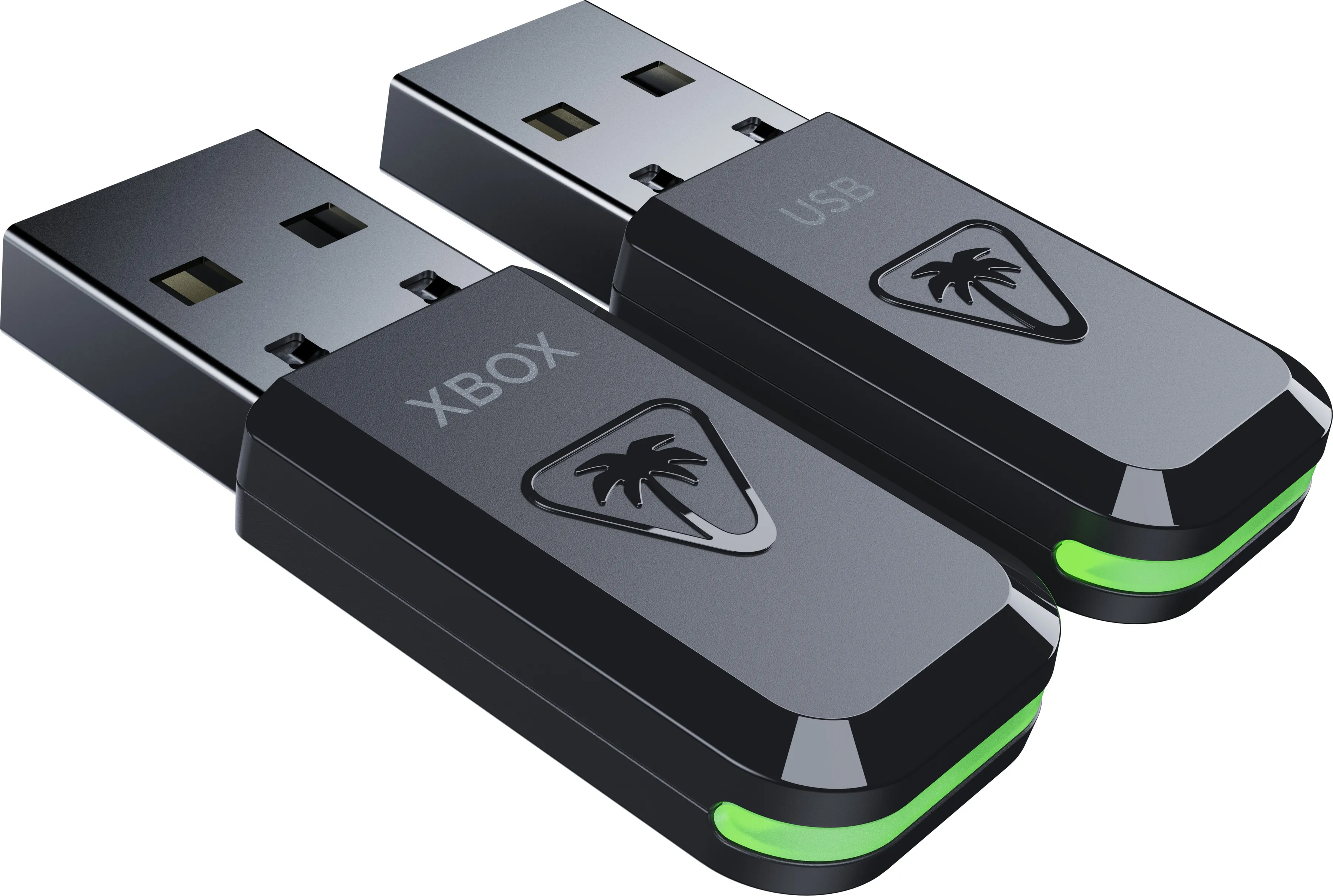 Due dongle USB neri con luci verdi, testo: XBOX e USB.