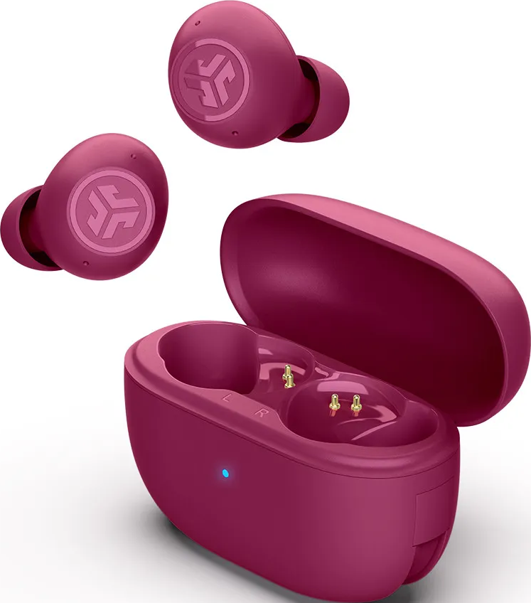 Ohrhörer und Ladeetui in Pink, mit drei sichtbaren Ohrhörern.