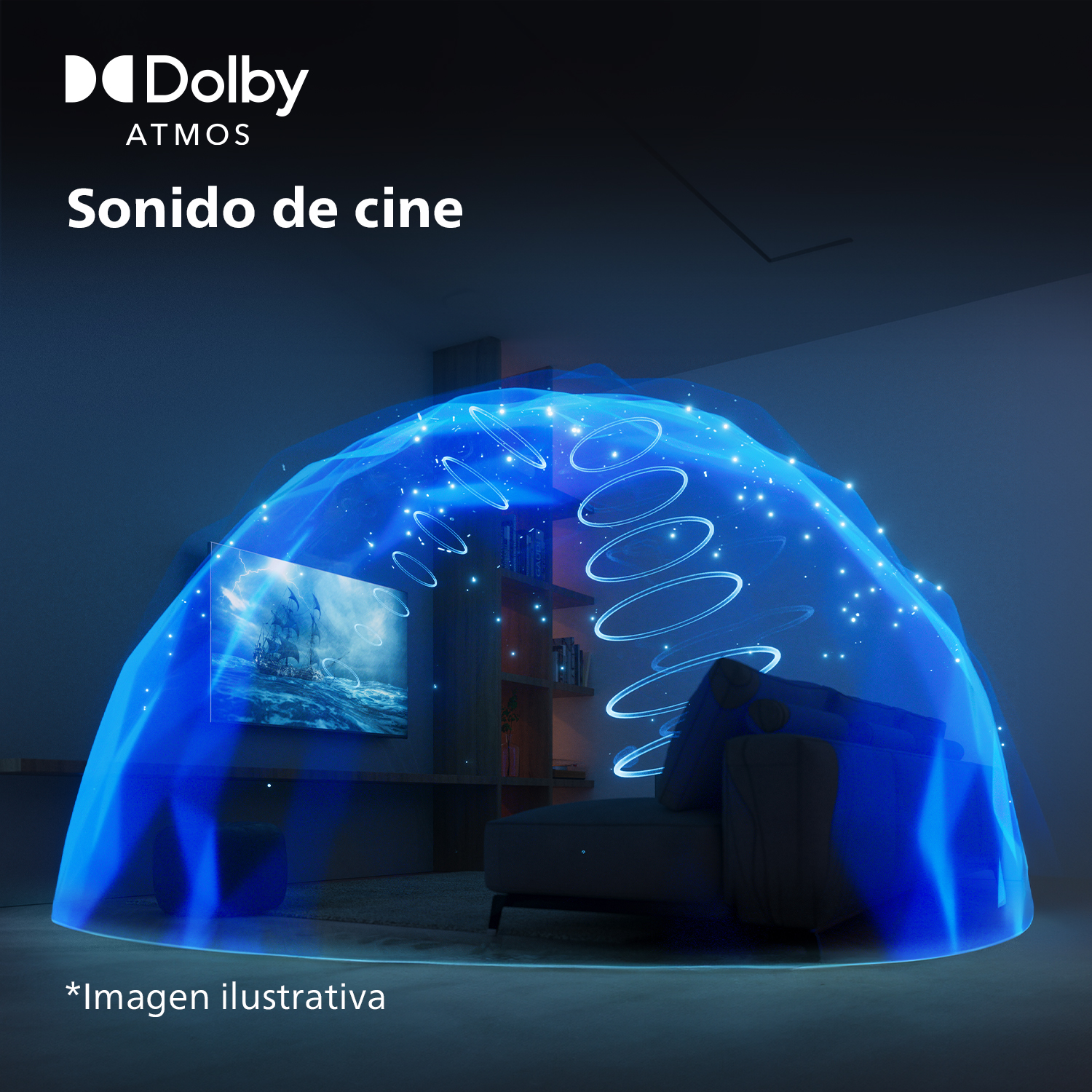 Salón con TV, sofá y proyección de ondas sonoras. Representación visual del sonido.
