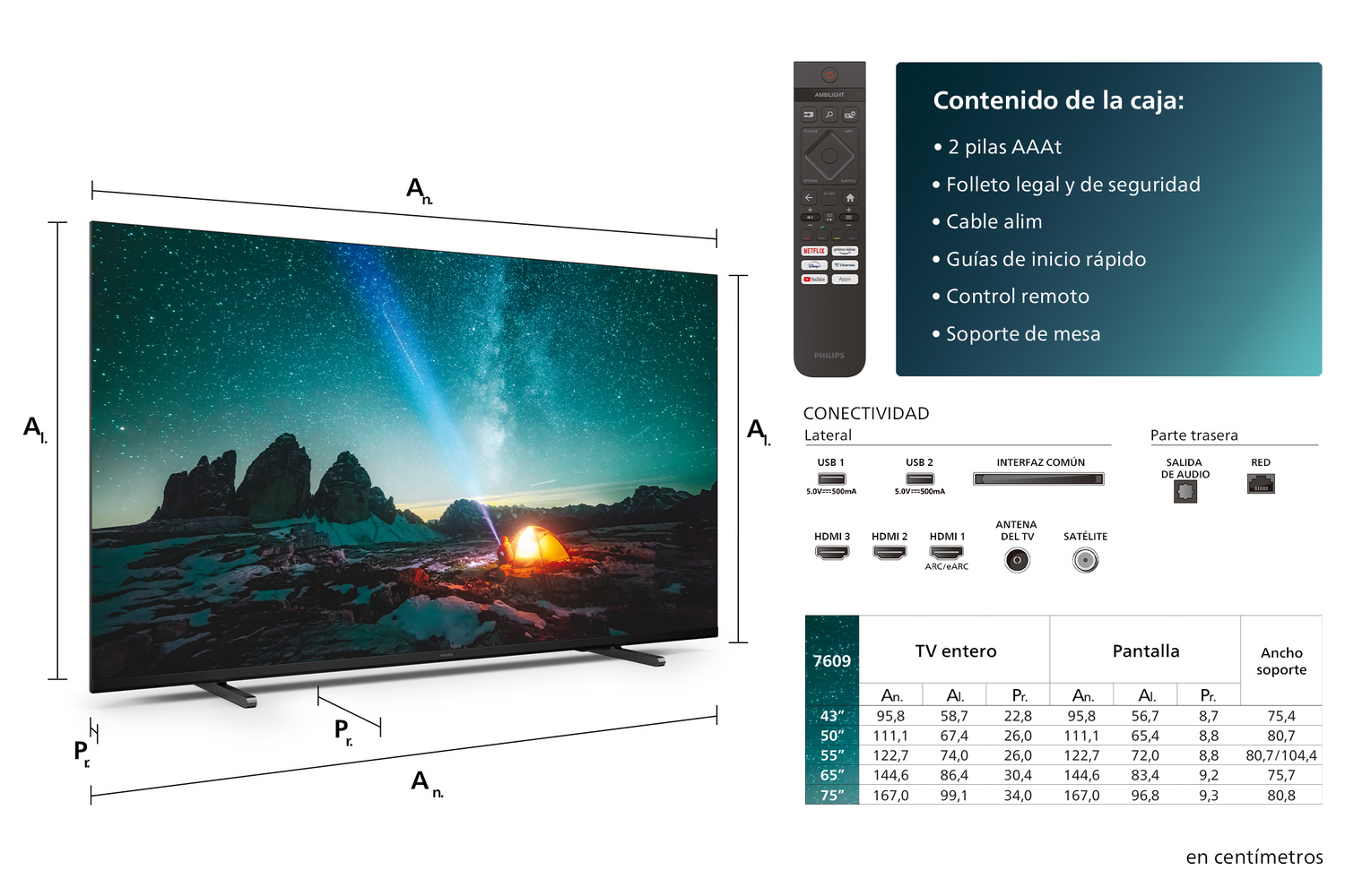 Una pantalla de TV muestra un cielo nocturno estrellado. Mando a distancia y especificaciones.