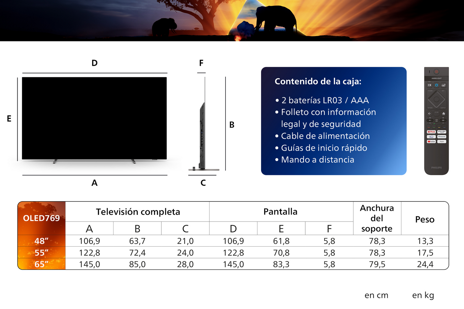 Diagrama de un televisor con dimensiones en cm. También se muestra un mando a distancia y una lista de contenido.