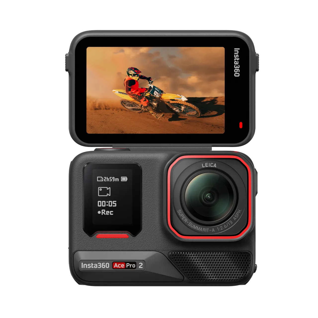 Eine schwarze Insta360-Kamera mit einem Bildschirm, der einen Motocross-Rennfahrer zeigt.