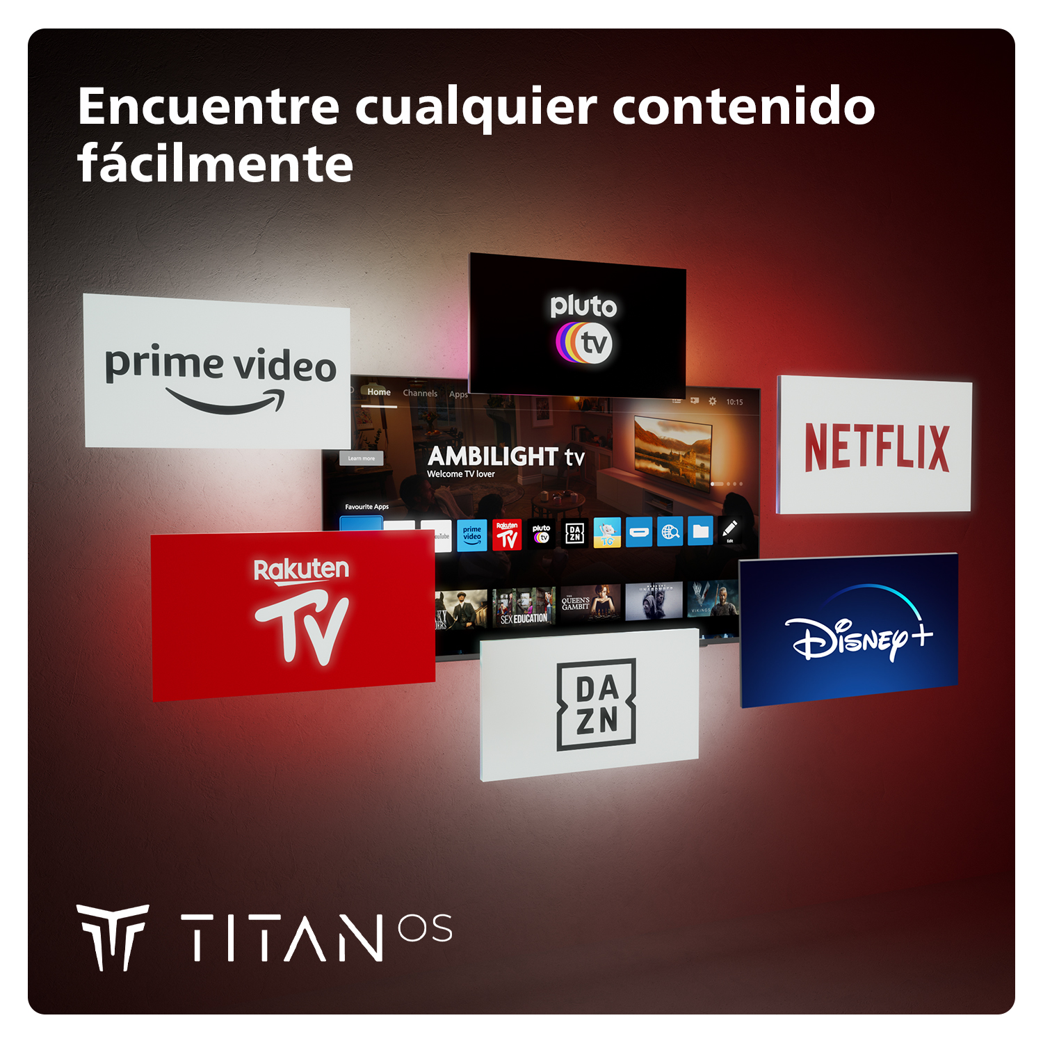 Gráfico con logos de servicios de streaming sobre fondo degradado rojo. Texto: Encuentre cualquier contenido fácilmente.