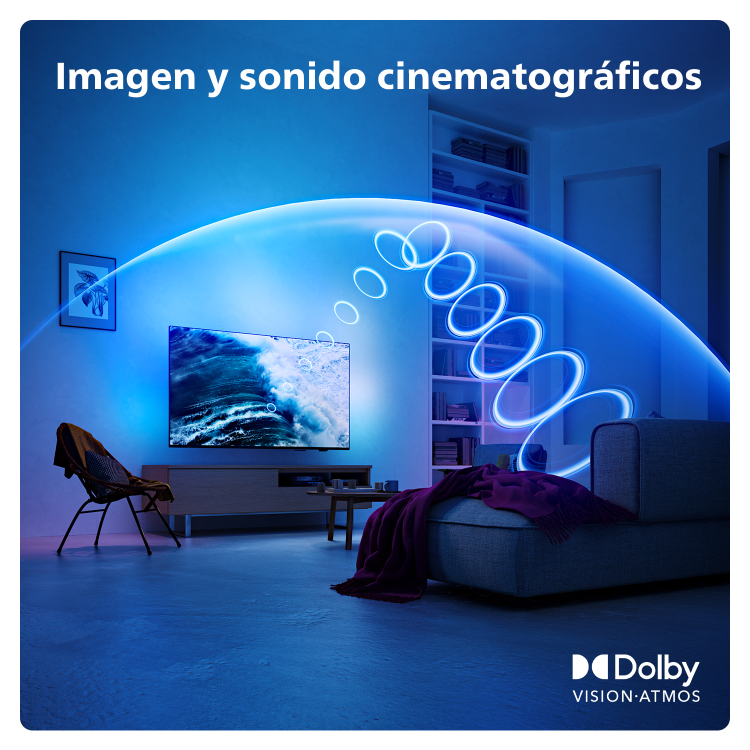 Escena de salón con TV, sofá e iluminación ambiental, con el texto 'Imagen y sonido cinematográficos'.