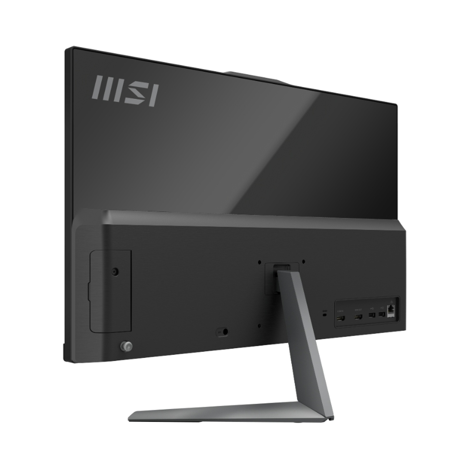 Un computer desktop all-in-one MSI, che mostra la parte posteriore con porte e un supporto.