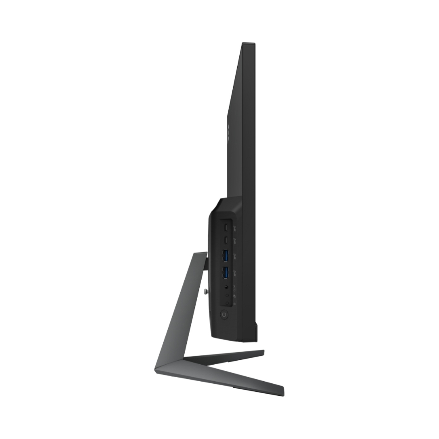 Vista laterale di un monitor per computer nero con supporto. Ha un design elegante.