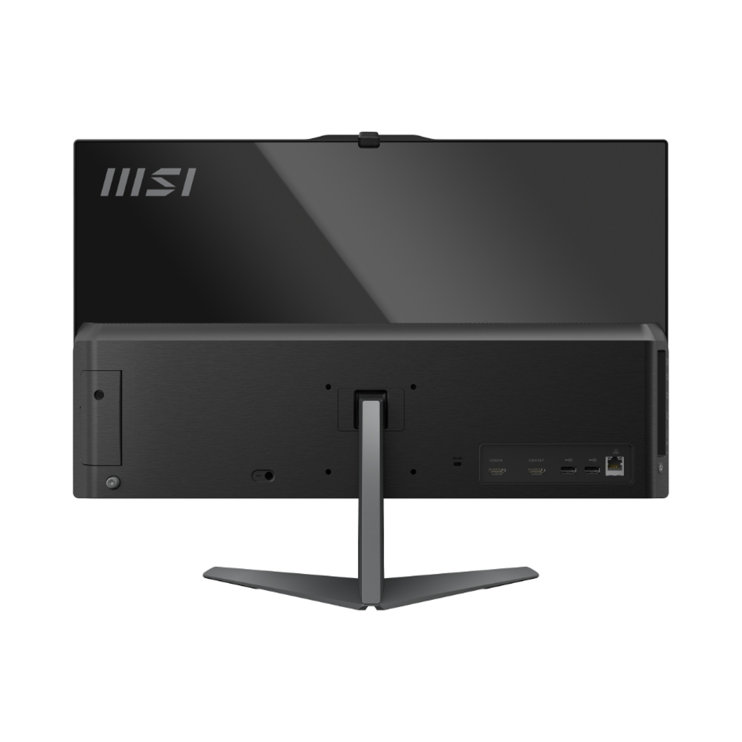 Computer all-in-one nero visto da dietro. Supporto, porte e logo MSI sono visibili.