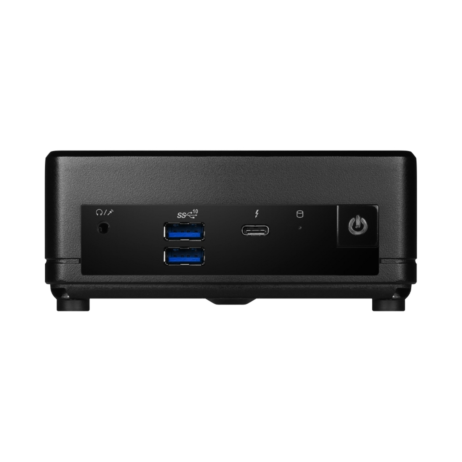 Un mini PC nero con diverse porte sul retro, appoggiato su un tavolo.