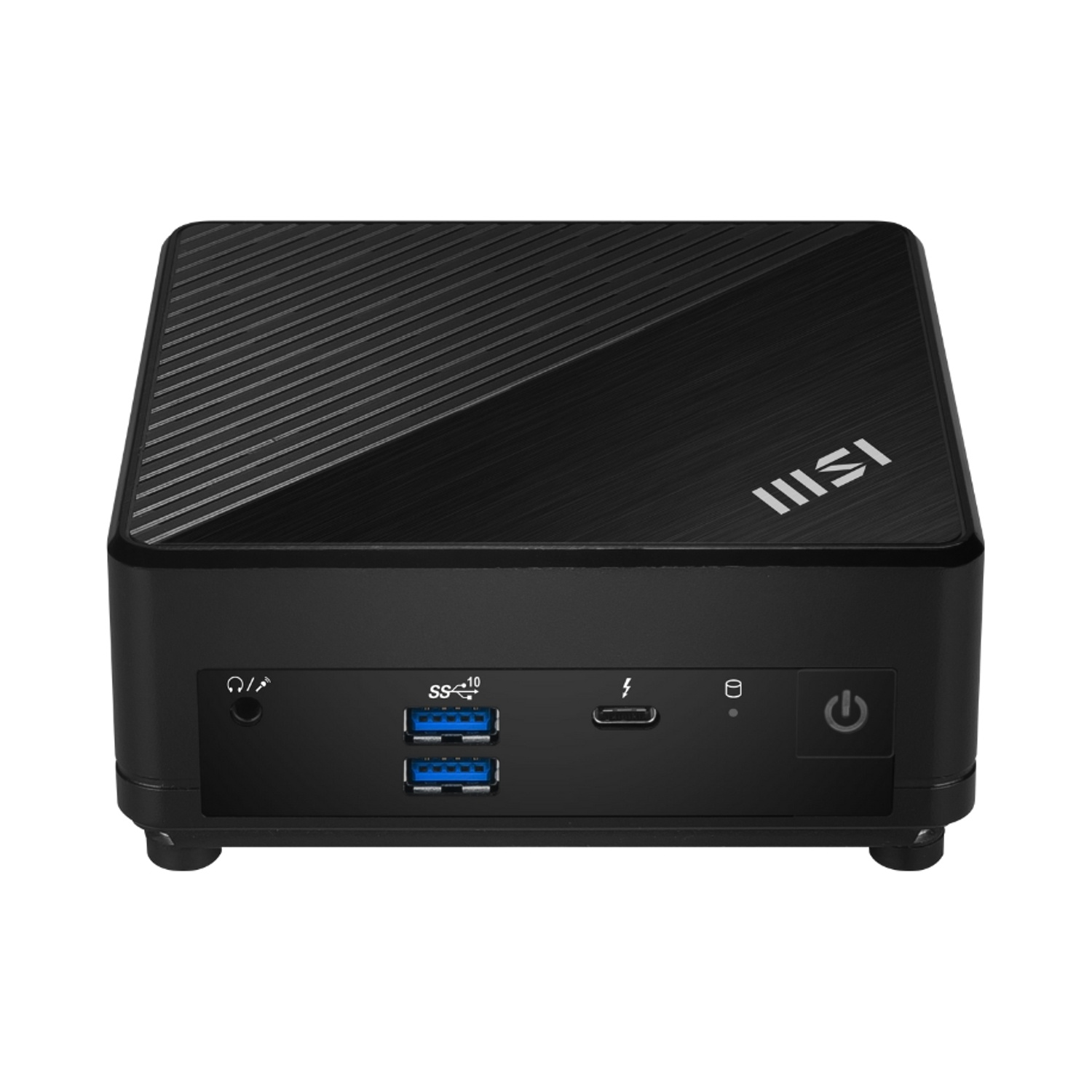 Mini PC nero con porte, parte superiore strutturata e logo MSI.