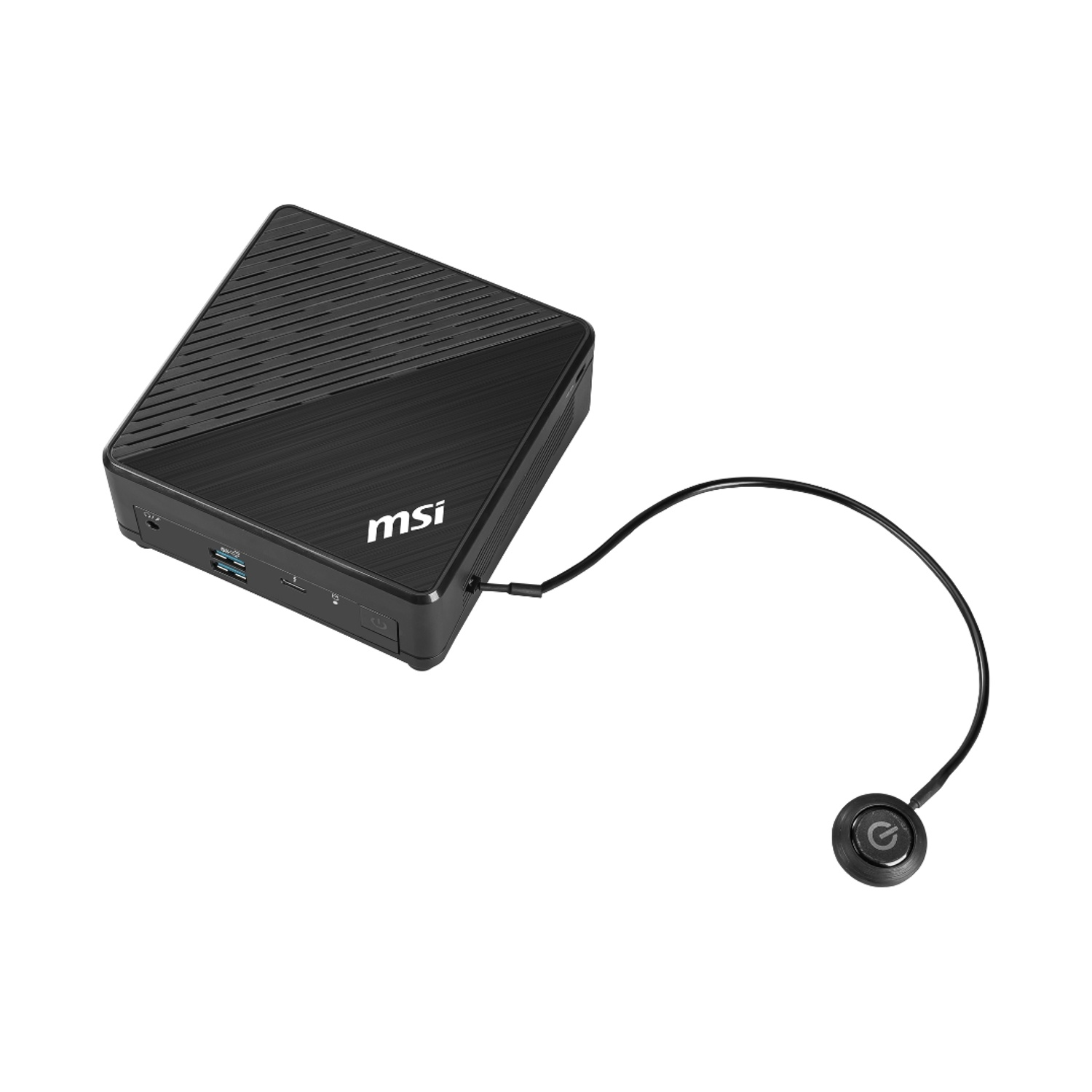 Mini PC MSI nero con pulsante di accensione e cavo.