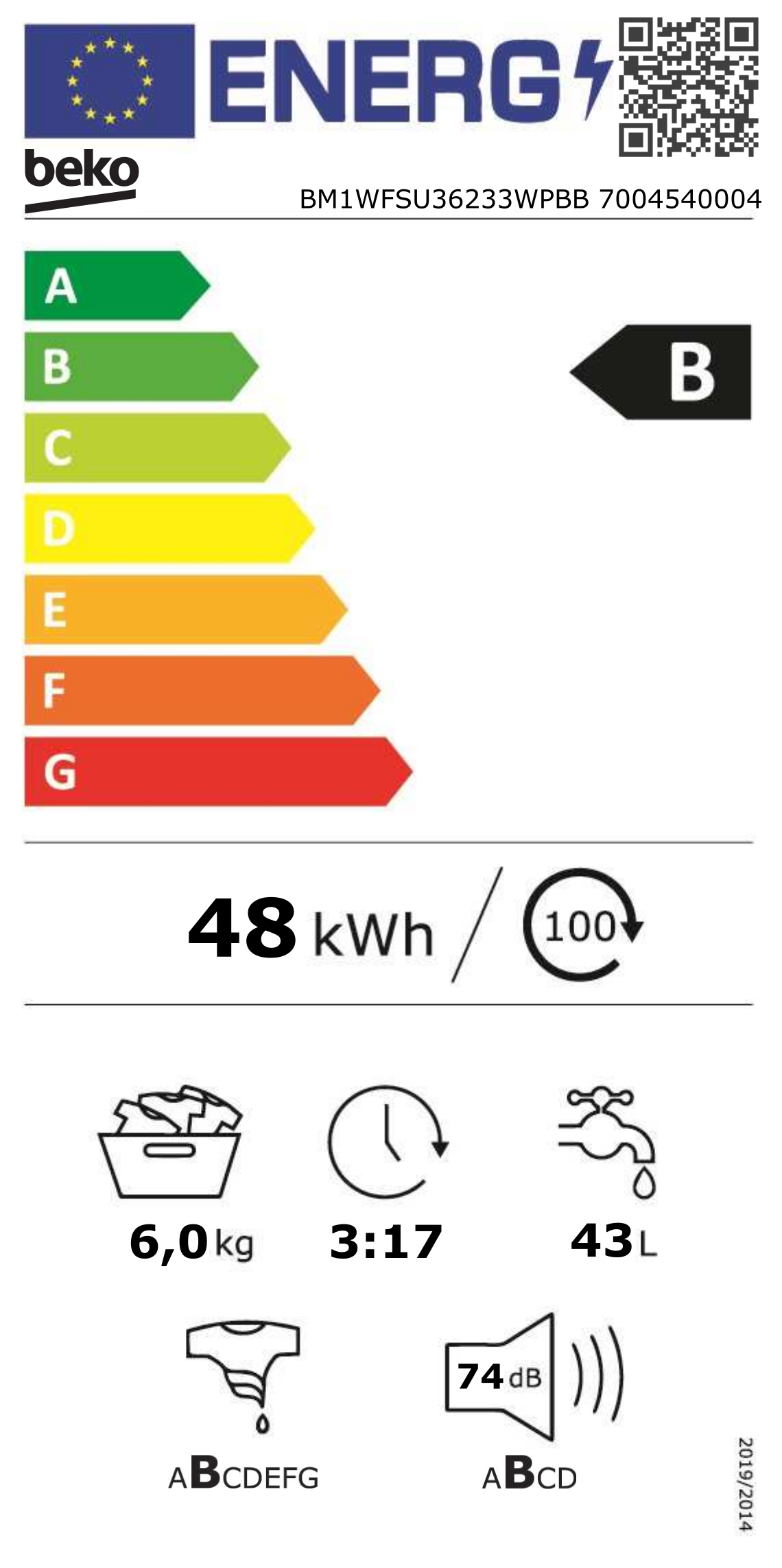 Energia címke mosógéphez. Megmutatja a B energiahatékonysági osztályt, 48 kWh/100-at és egyéb készülék specifikációkat.
