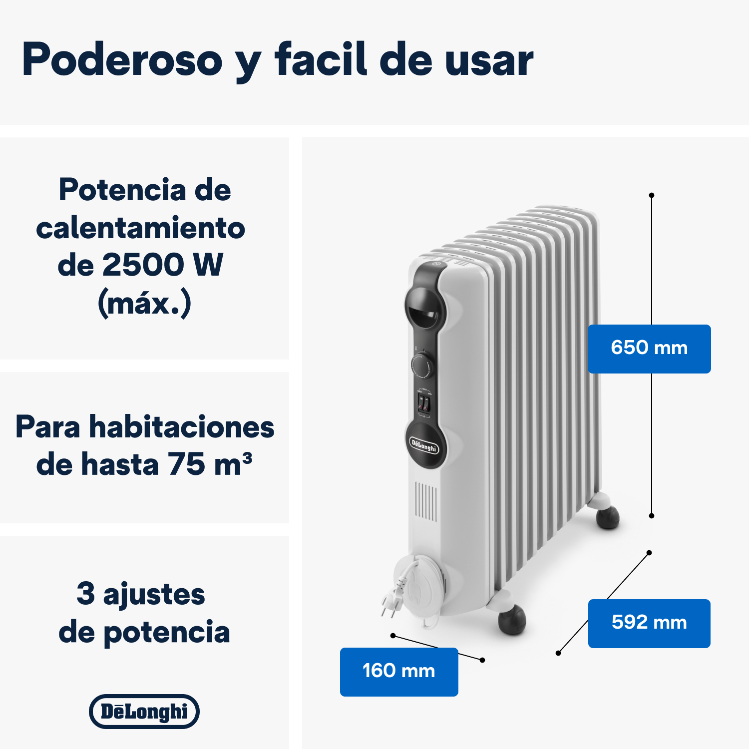 Radiador eléctrico blanco con dimensiones. Texto en español describe potencia y tamaño de habitación para calentar.