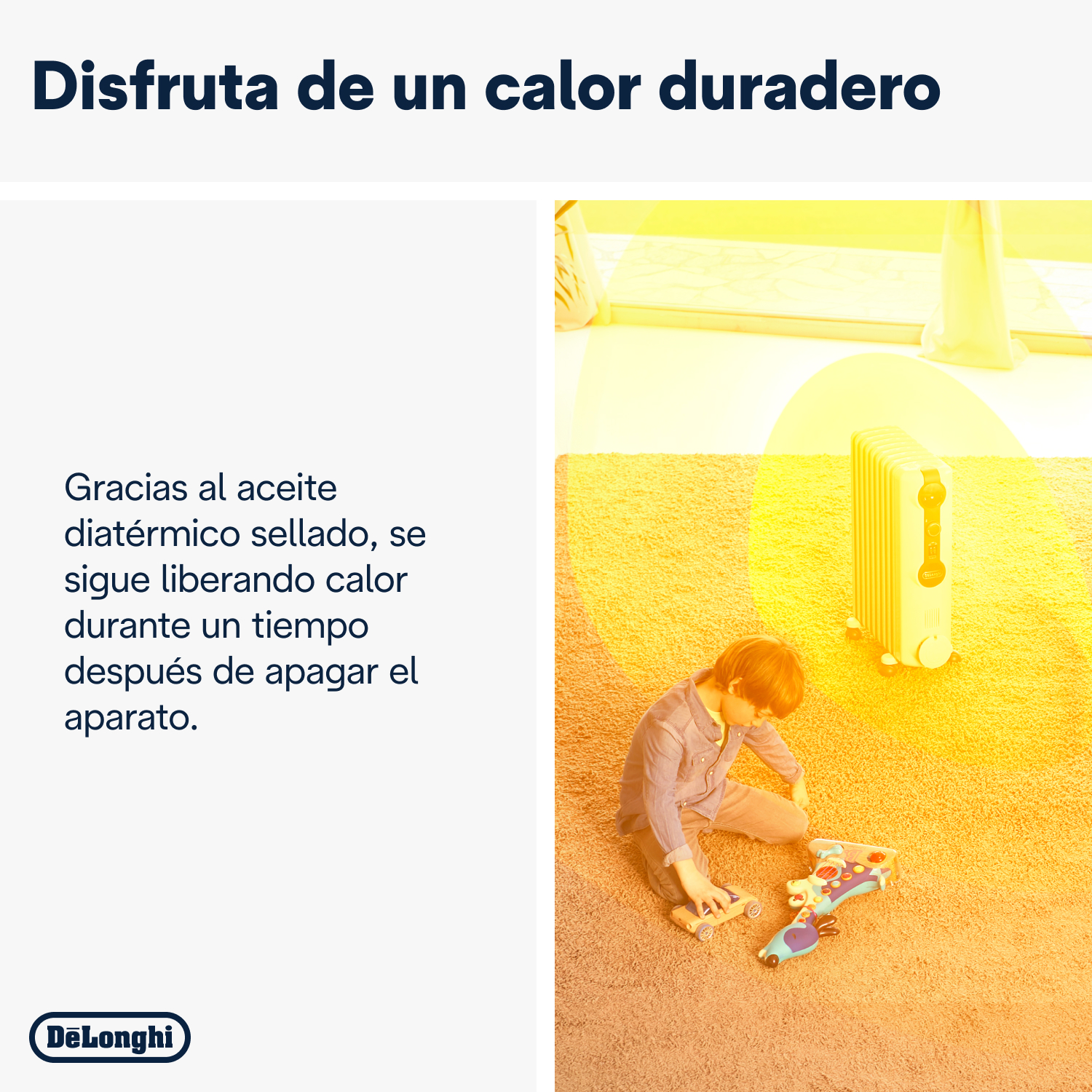 Un niño juega cerca de un calefactor. Texto: 'Disfruta de un calor duradero'.