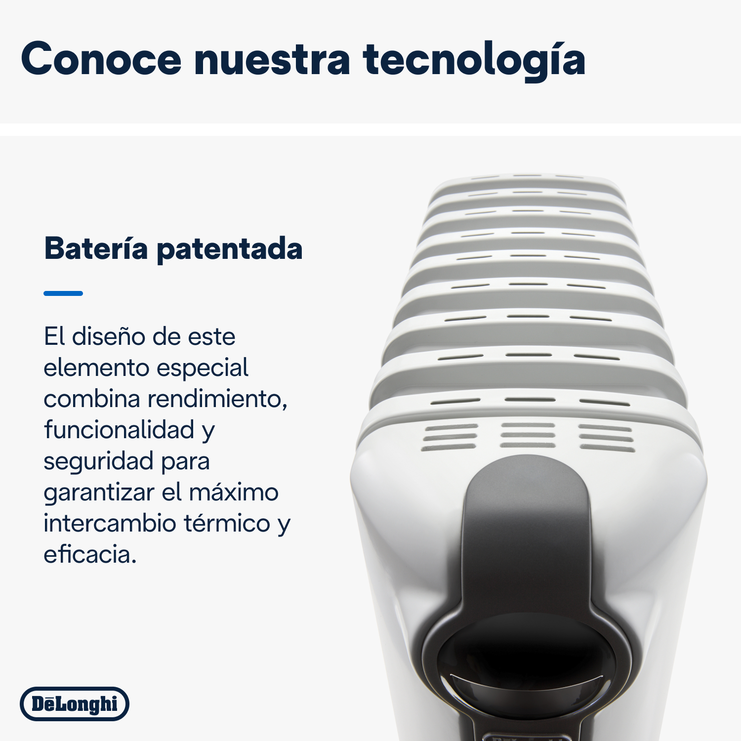 Primer plano de un calefactor blanco y gris con texto en español sobre tecnología.