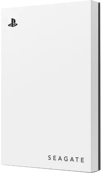 Weiße externe PlayStation-Festplatte mit dem PlayStation-Logo und Seagate.