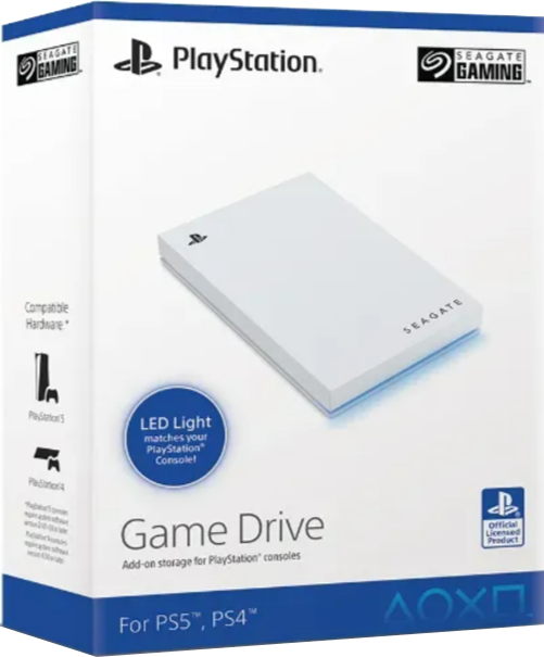 Weiße Box mit PS5/PS4 Game Drive von Seagate. Box hat PlayStation-Logo.