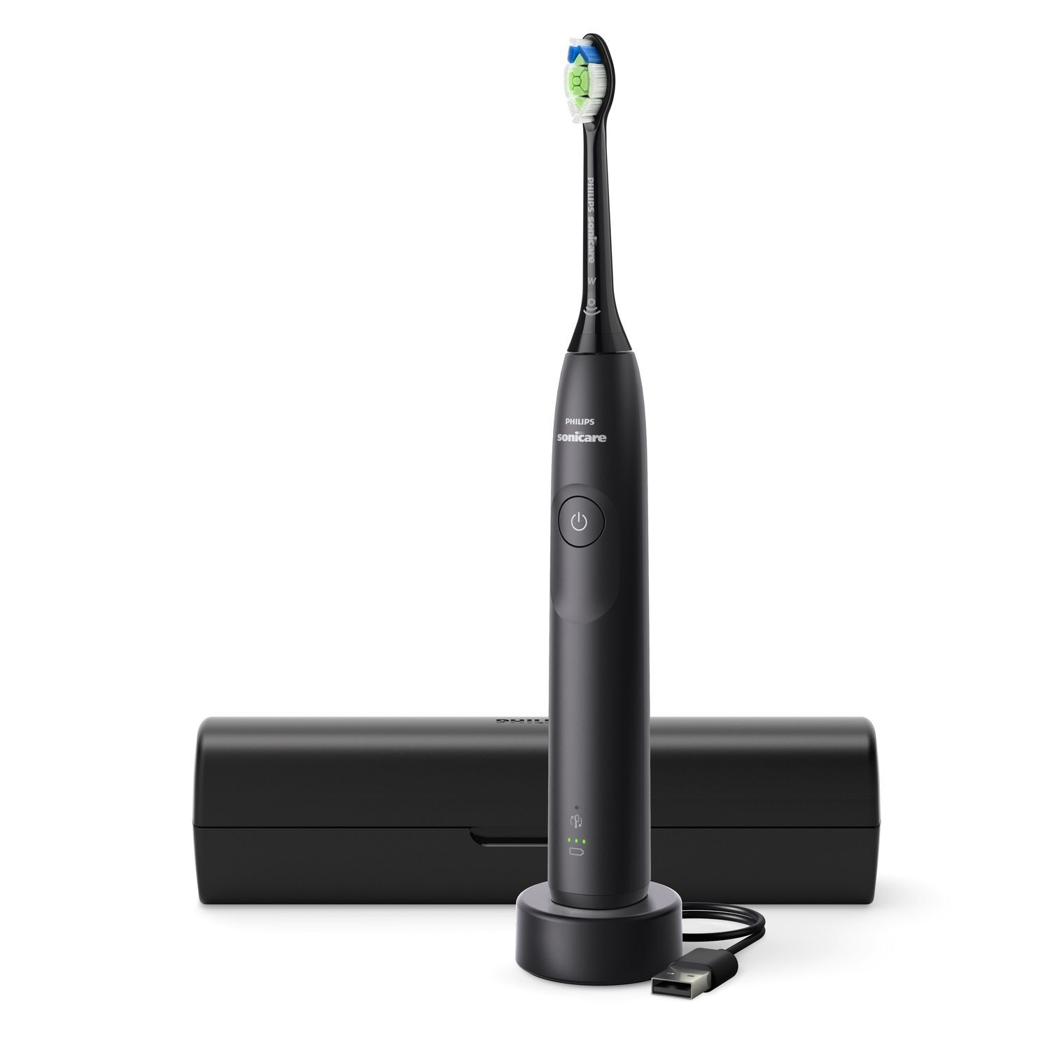 Une brosse à dents électrique Philips Sonicare noire, une station de charge et un étui de voyage.