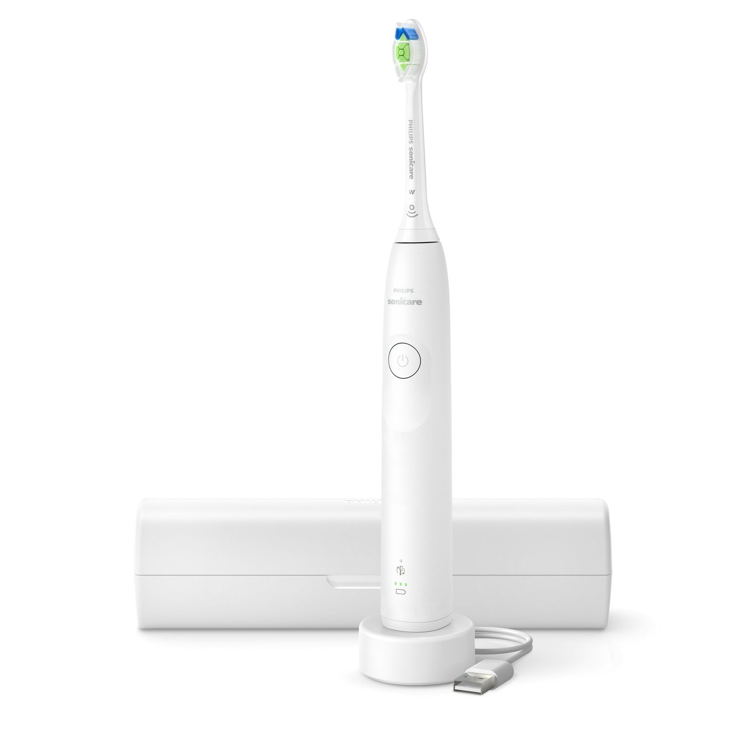 Brosse à dents électrique blanche sur socle de chargement, avec câble et étui de voyage.