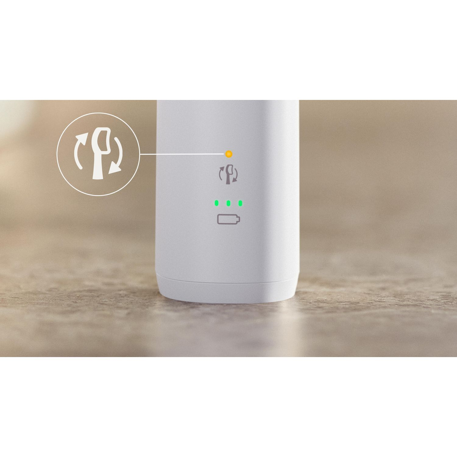 Un cylindre blanc avec des indicateurs d'alimentation et de batterie, et un symbole de charge.