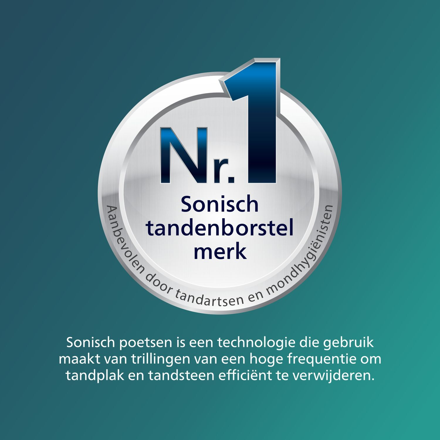 Close-up of a silver circle with text: sonic toothbrush brand, with blue and green accents.