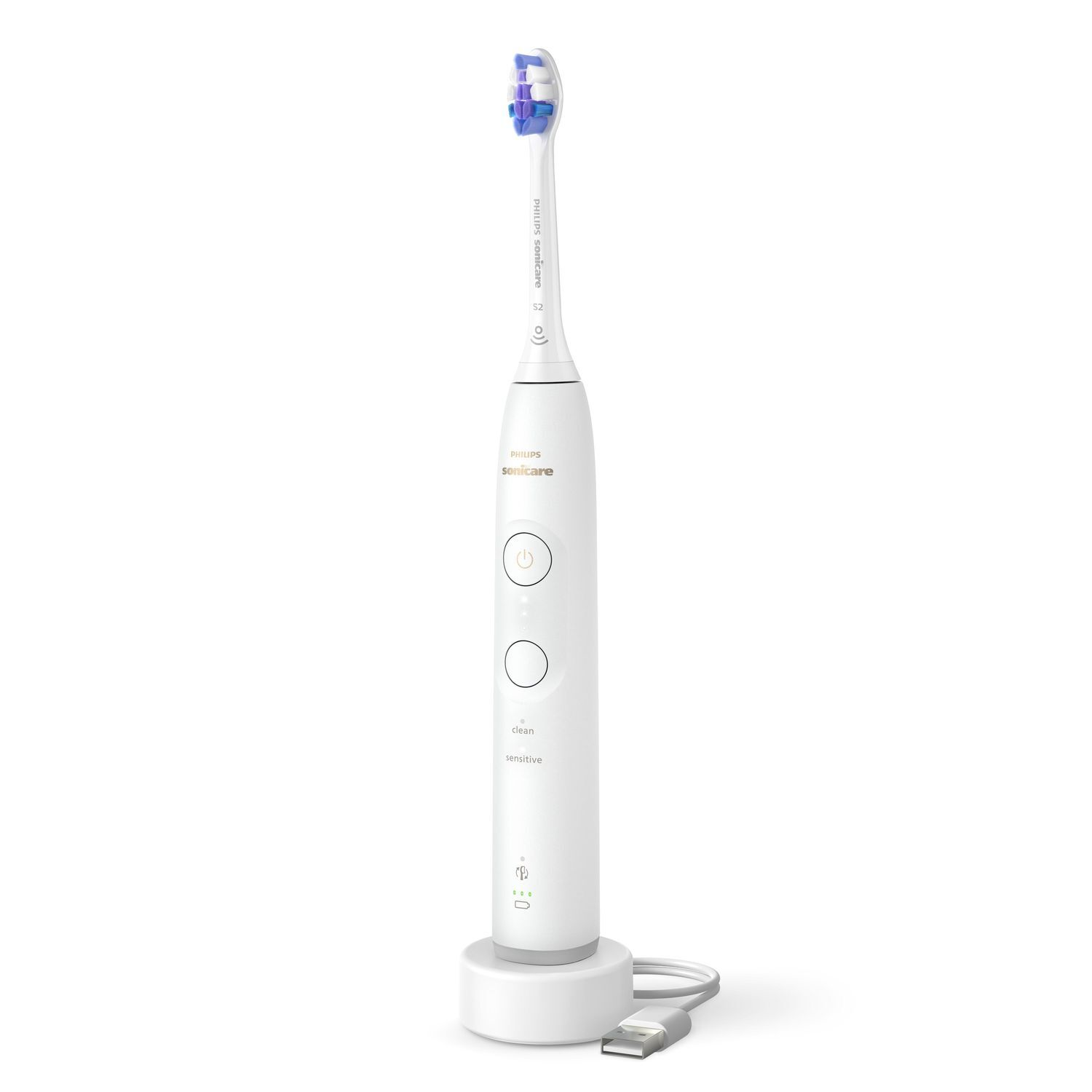 Brosse à dents électrique Philips Sonicare blanche et socle de charge. Fond blanc, vue de face.