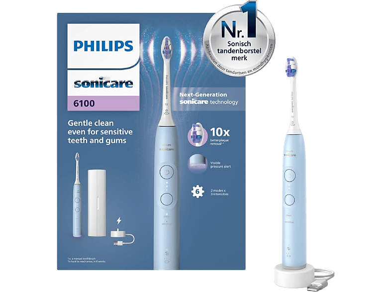 Philips Sonicare 6100 Series Elektrische Tandenborstel Lichtblauw + Sensitive Opzetborstel Reisetui - Hx7406/02