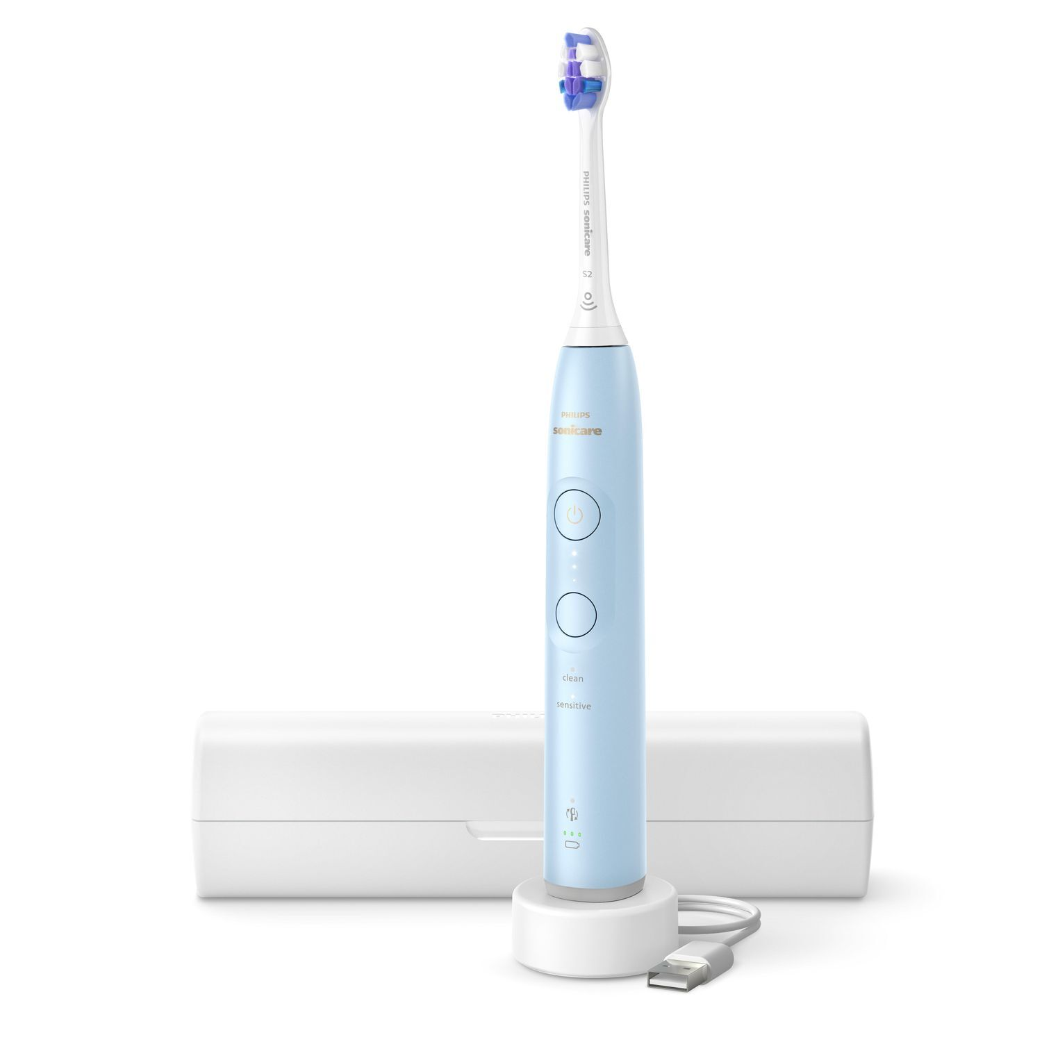 Brosse à dents électrique bleue sur un support blanc avec étui blanc. Câble USB connecté.
