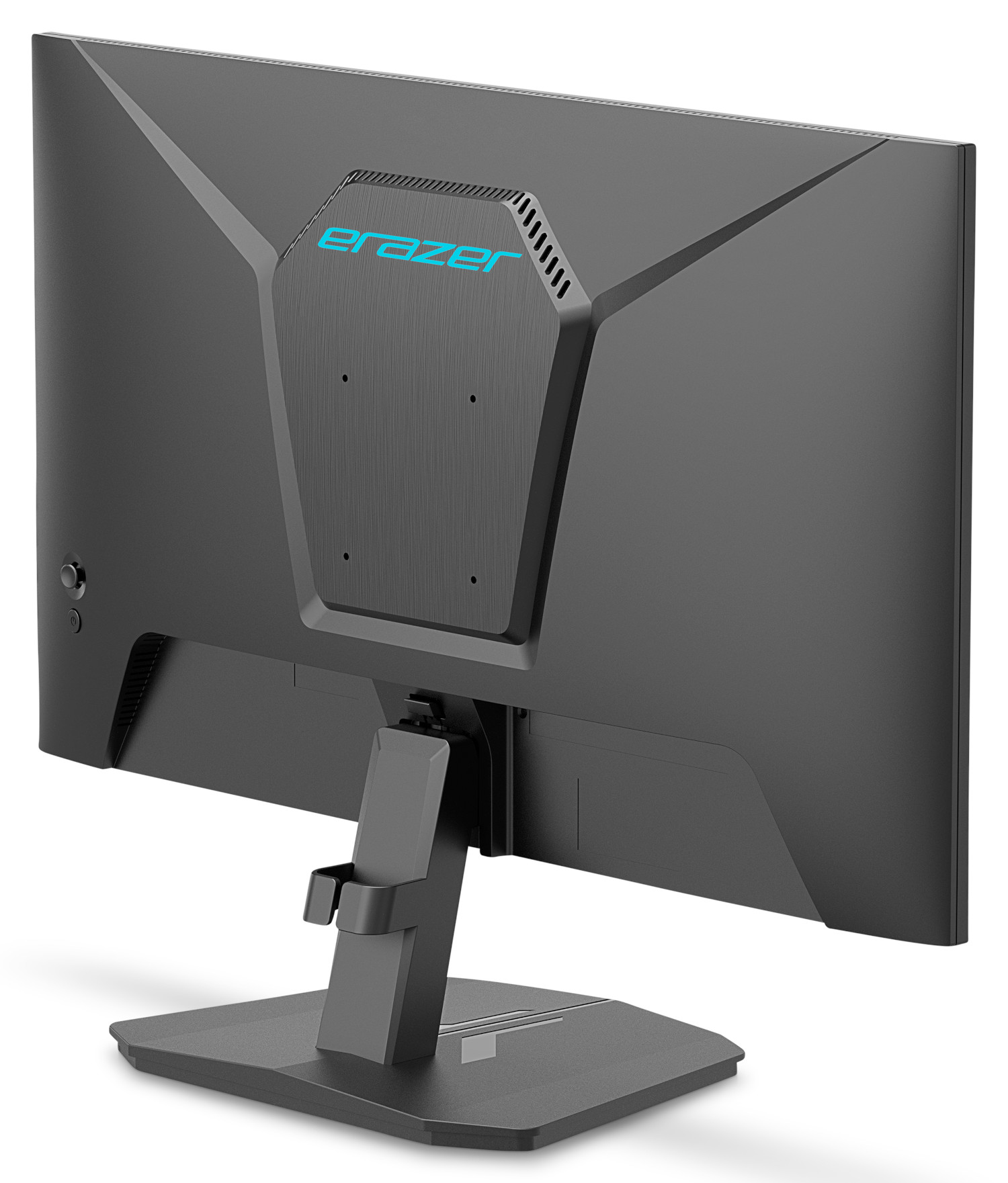 L'arrière d'un moniteur d'ordinateur noir avec le logo "e-razer" en bleu et un support. Vue en angle.