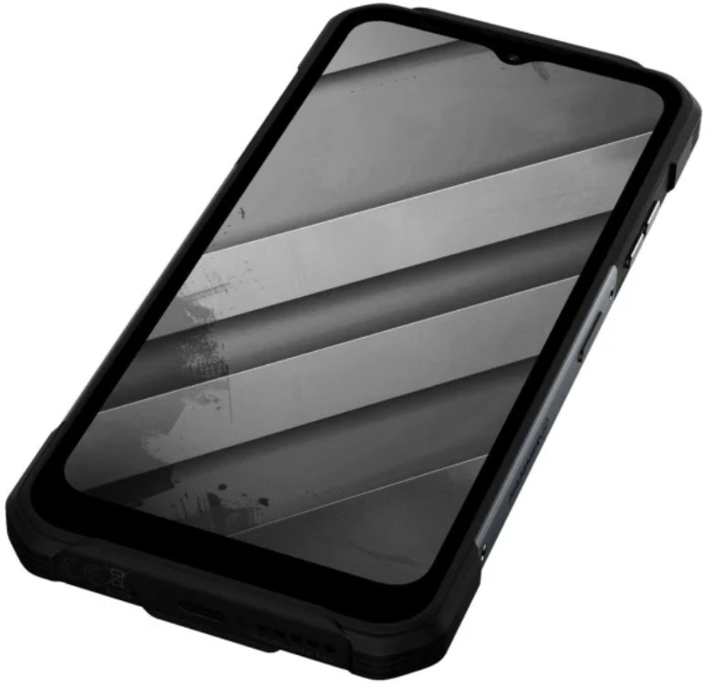 Czarny smartfon z wytrzymałą obudową, ekran wyświetlający cyfrowy wzór, widok z boku.