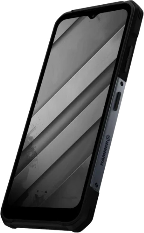 Czarny smartfon z wytrzymałym etui. Widok pod kątem. Ekran pokazuje szary wzór.