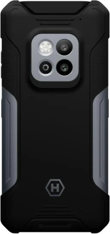 Czarny smartfon, widok z tyłu, z modułem kamery i logo.