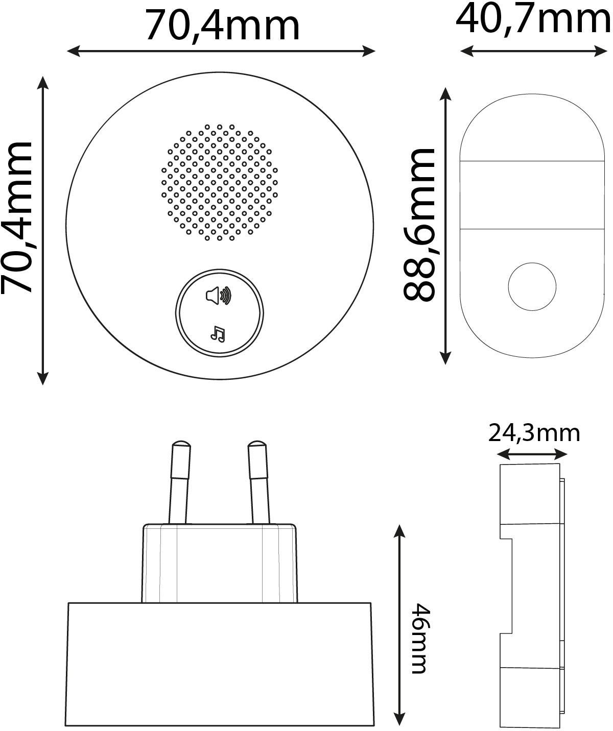 Diagram a hangszóró és a töltő méreteivel.