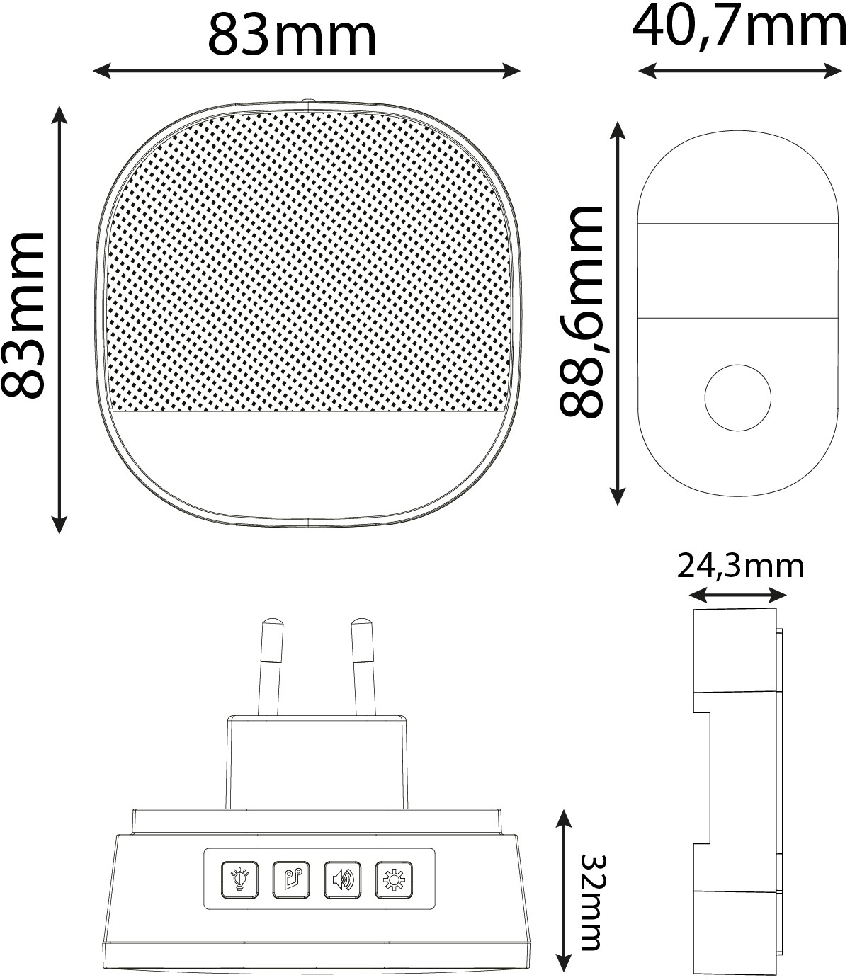 Négyzet alakú eszköz diagramja méretekkel és dugóval. Az eszköz alján gombok vannak.
