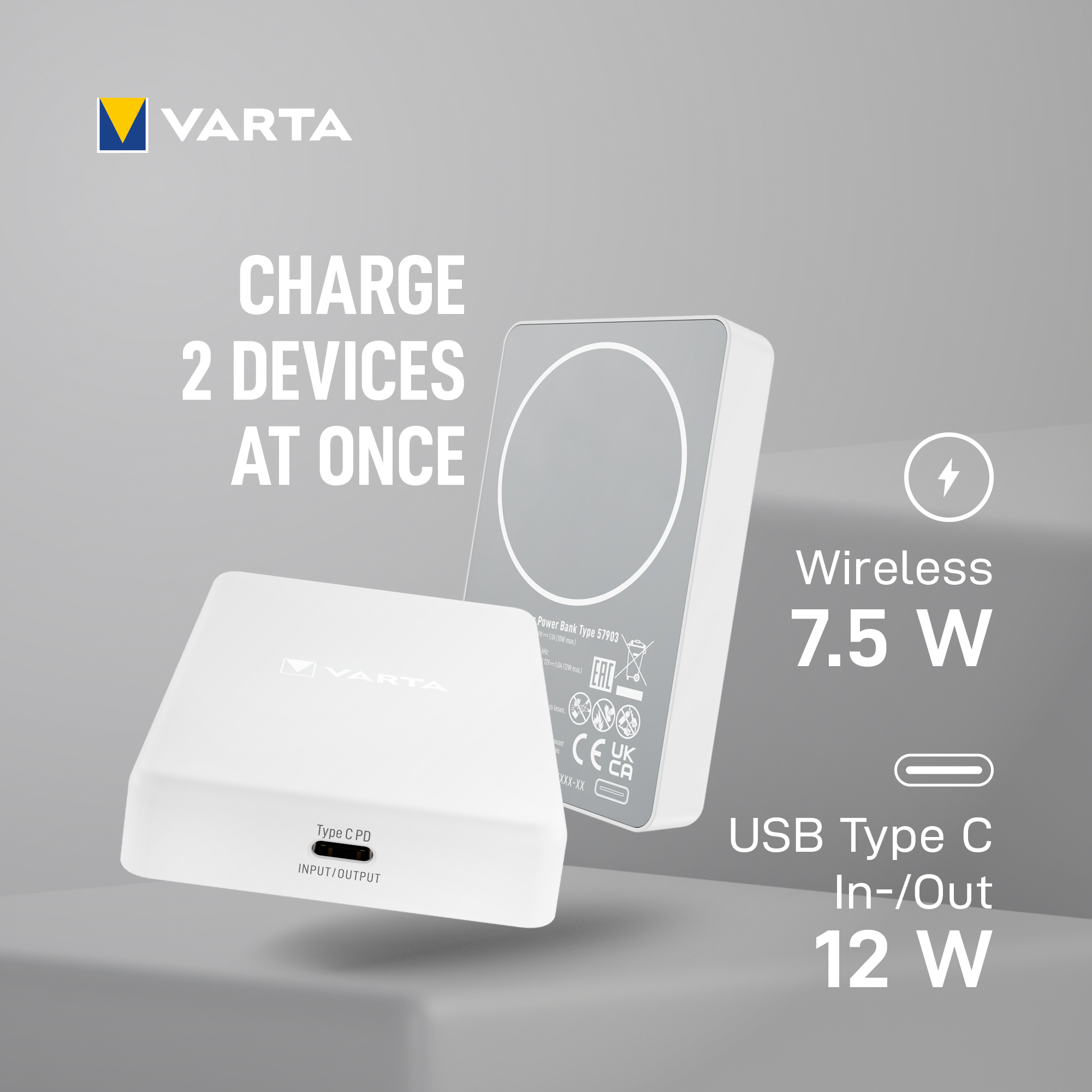 Két fehér Varta vezeték nélküli töltő, az egyik álló helyzetben. Szöveg: Töltsön 2 eszközt egyszerre. Vezeték nélküli 7,5 W, USB 12 W.