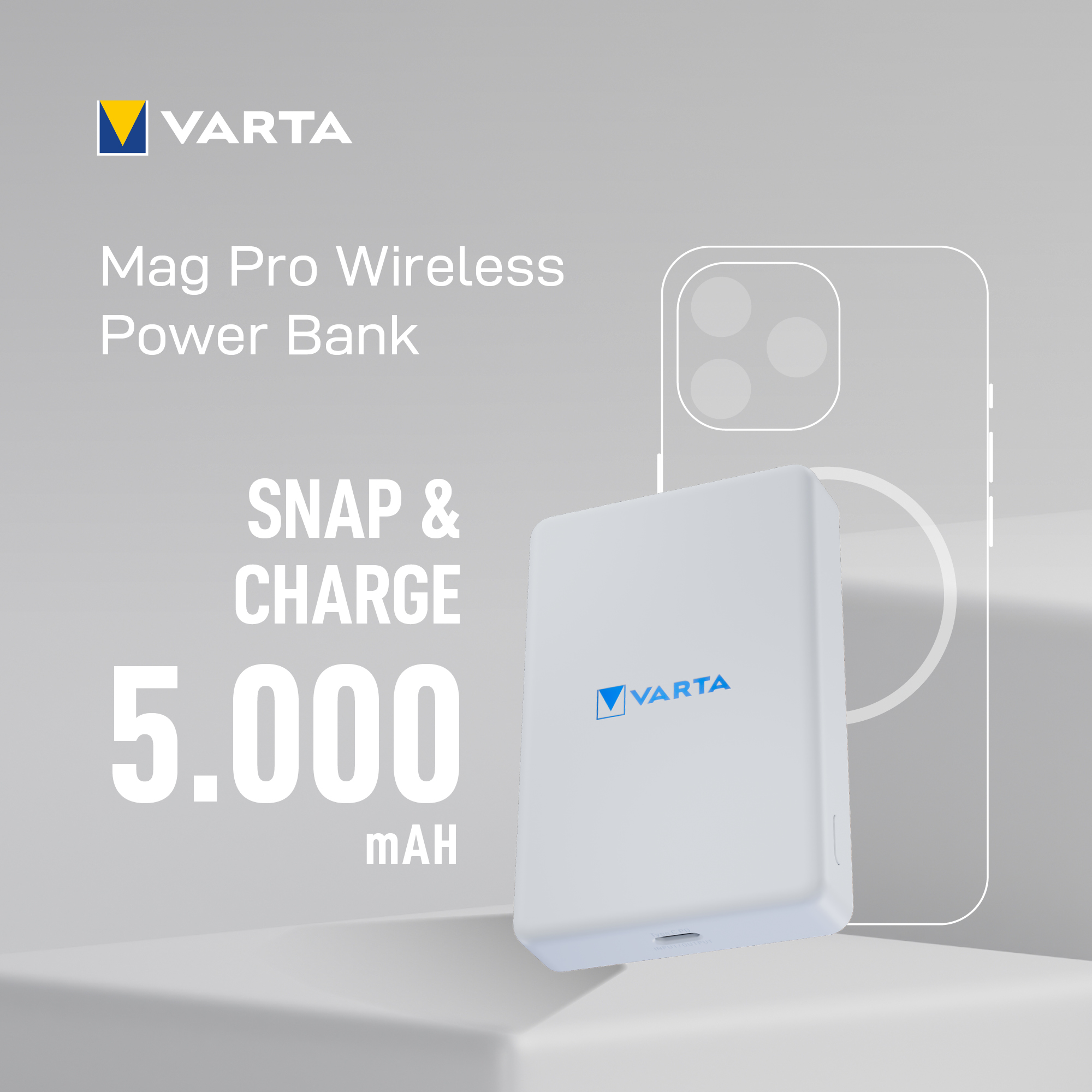 Egy fehér vezeték nélküli power bank a következő szöveggel: 'Mag Pro Wireless Power Bank'.