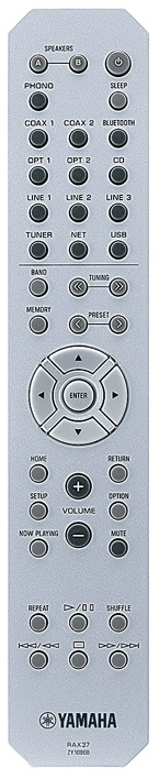 Srebrny pilot Yamaha z wieloma przyciskami. Przyciski mają etykiety.