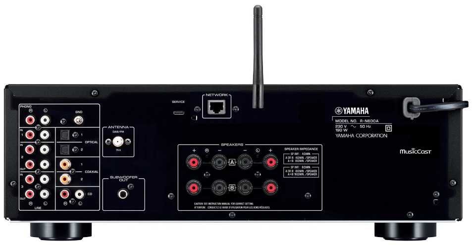 Panel tylny odbiornika Yamaha z różnymi portami wejścia/wyjścia i anteną sieciową.