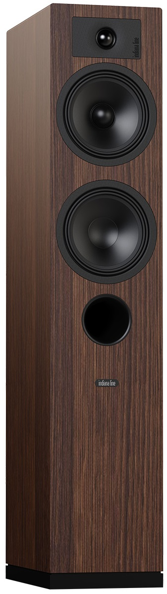 Wysoki, brązowy głośnik z trzema okrągłymi jednostkami głośnikowymi i nazwą marki.