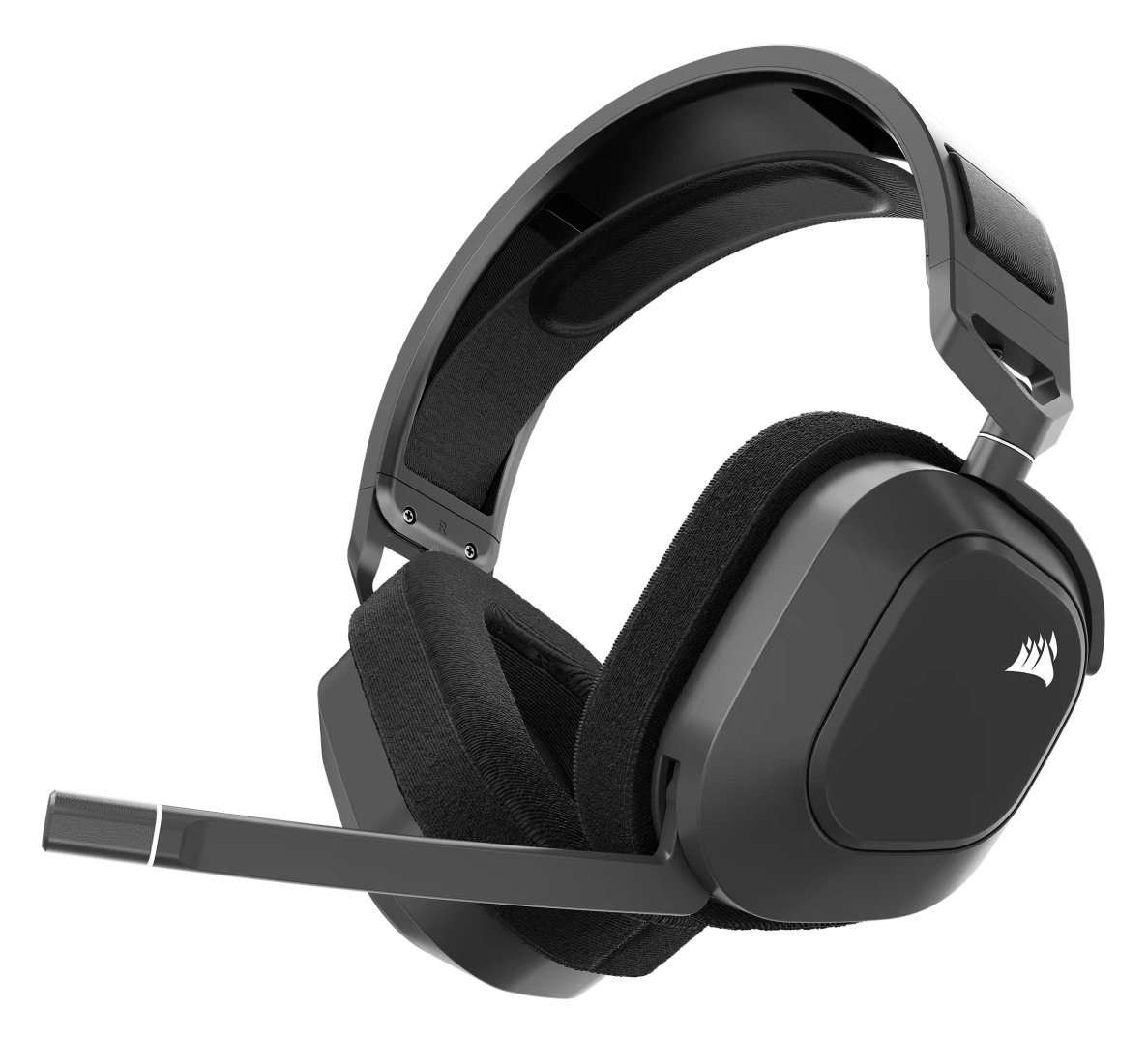 Czarne słuchawki dla graczy z mikrofonem, na białym tle. Widoczne logo Corsair.