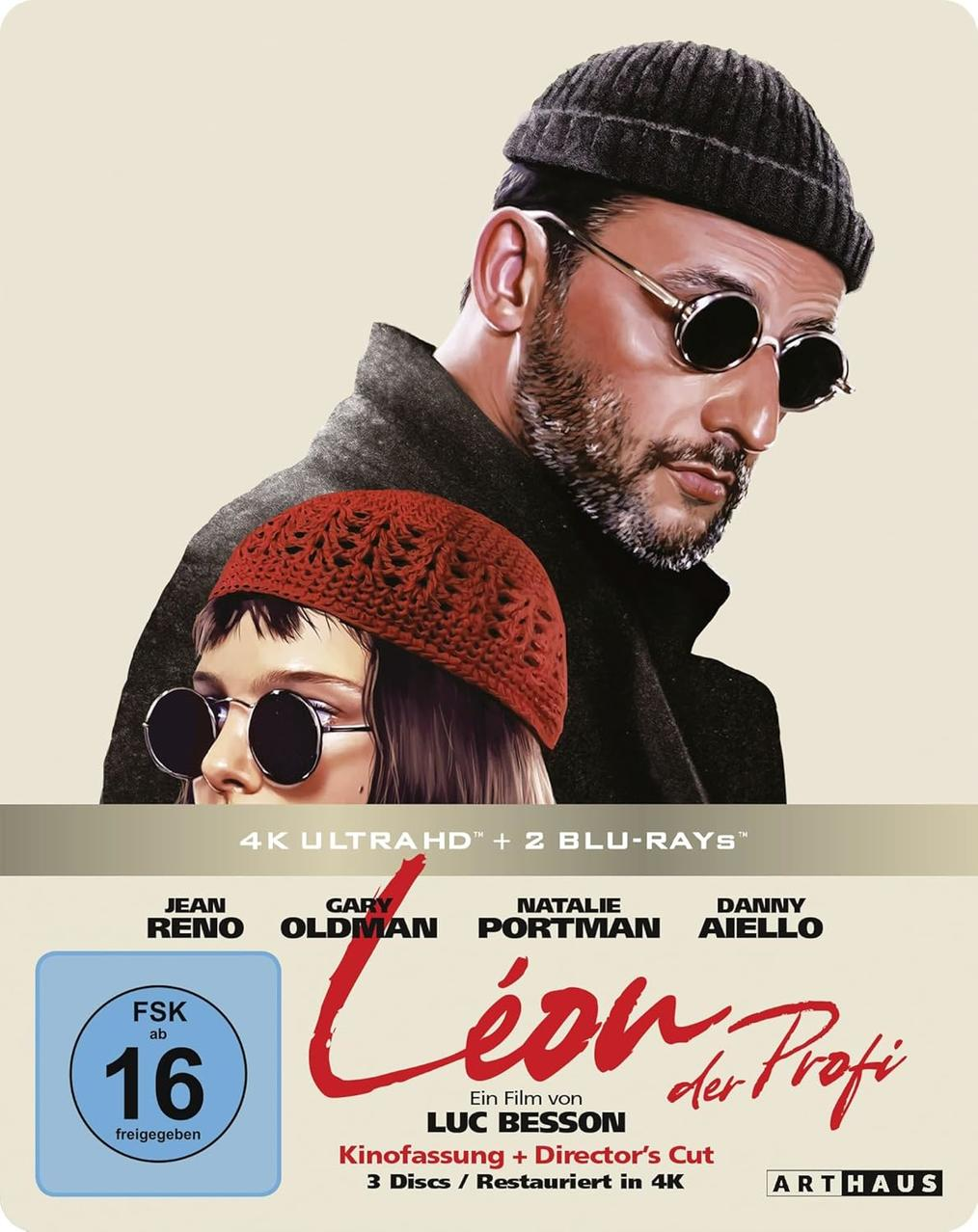 Filmposter: 'Léon - Der Profi'. Mann mit Mütze, Sonnenbrille, Frau mit rotem Hut.