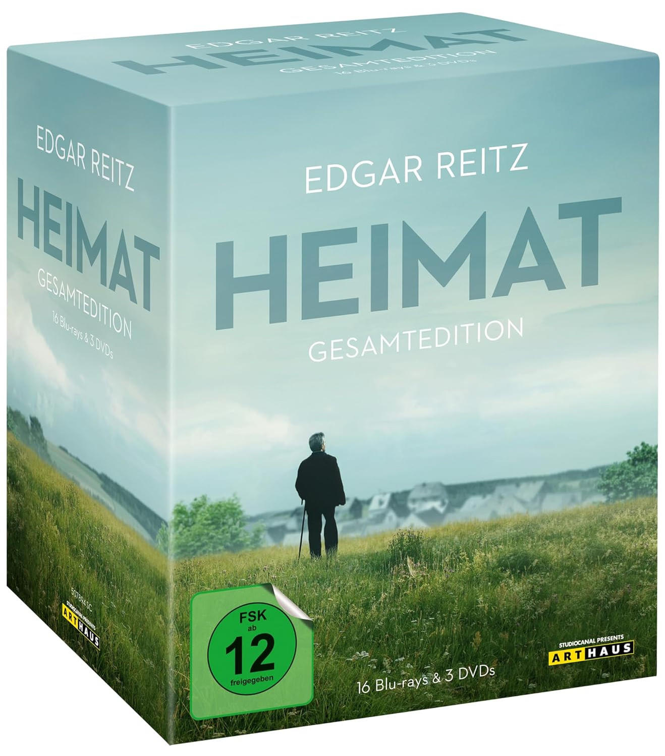 Box-Set von "Heimat" von Edgar Reitz. Zeigt einen Mann auf einem Feld, grün und blau.