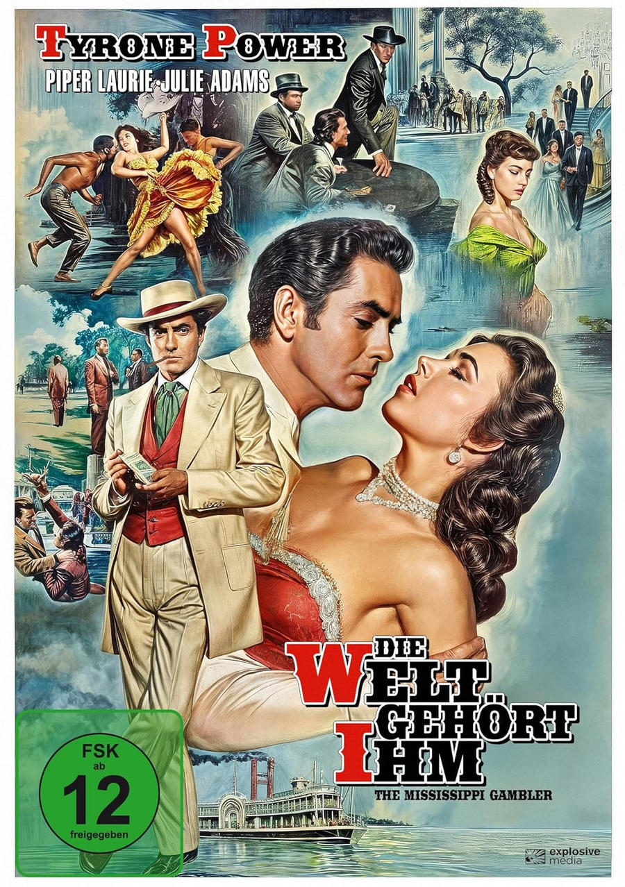 Filmposter für 'The Mississippi Gambler'. Mit den Schauspielern Tyrone Power und Piper Laurie, einer Menschenmenge und einem Raddampfer.