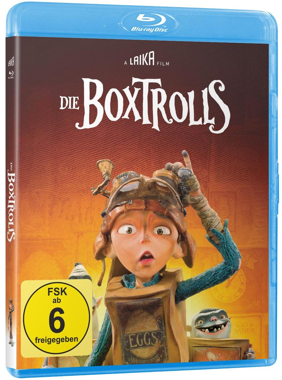Blu-ray-Disc-Cover des Films 'Die Boxtrolls'. Zeigt eine Zeichentrickfigur.