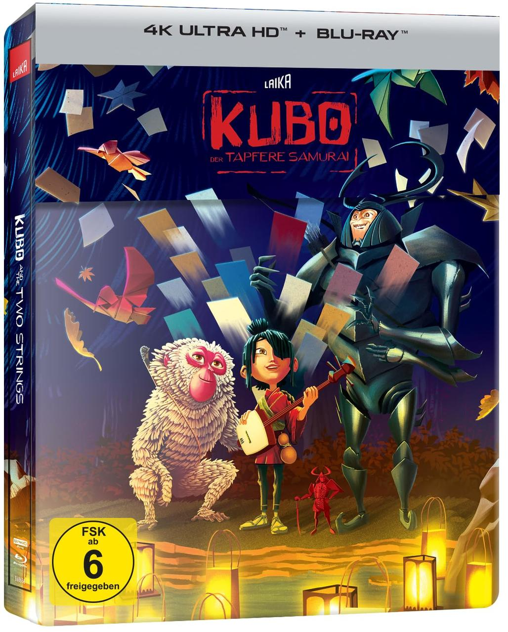 Blu-ray-Cover für Kubo und die zwei Saiten. Charaktere und japanischer Text sind sichtbar.