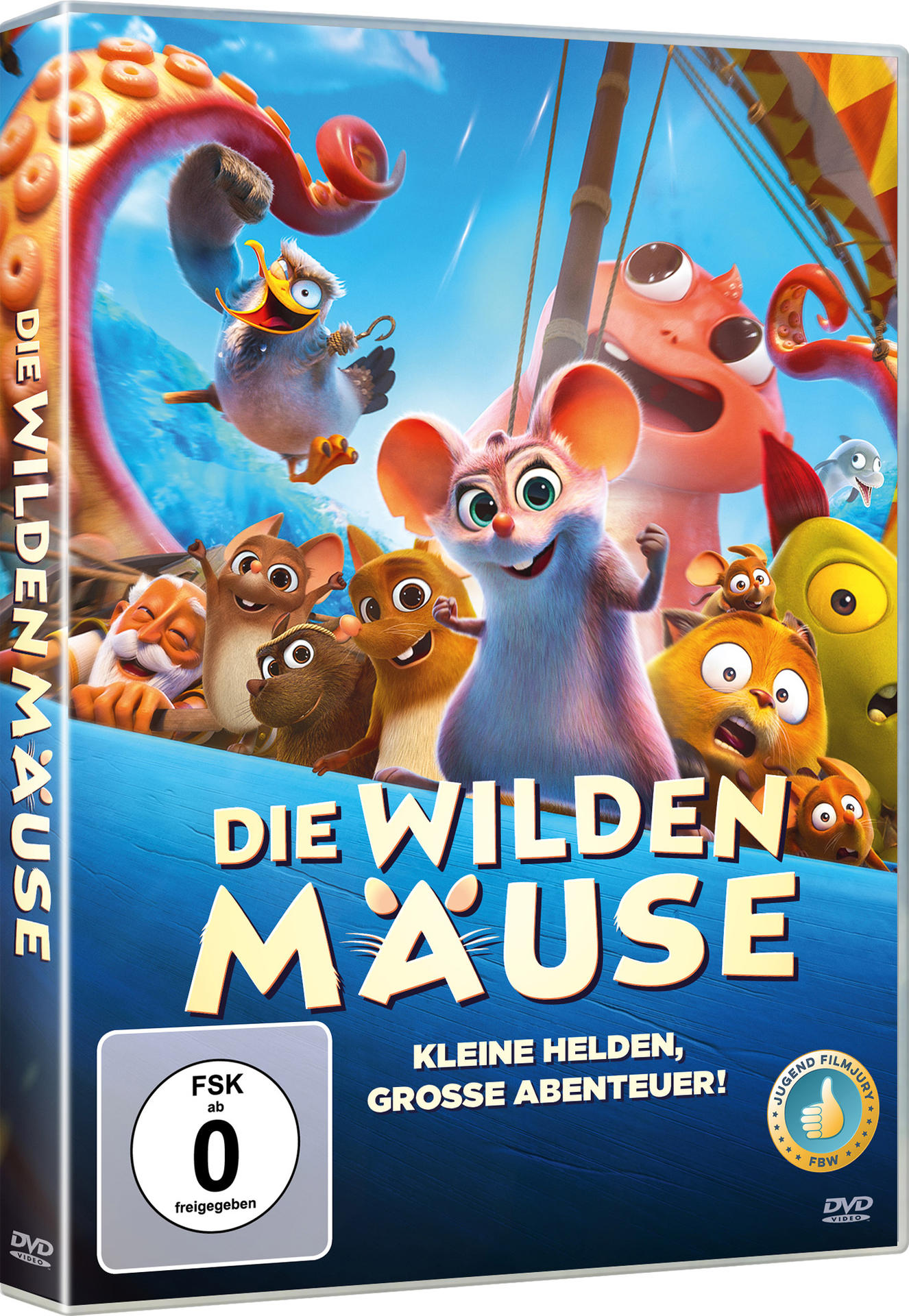 Animierter Filmcover, mit Mäusen, Text und blauem Meereshintergrund.