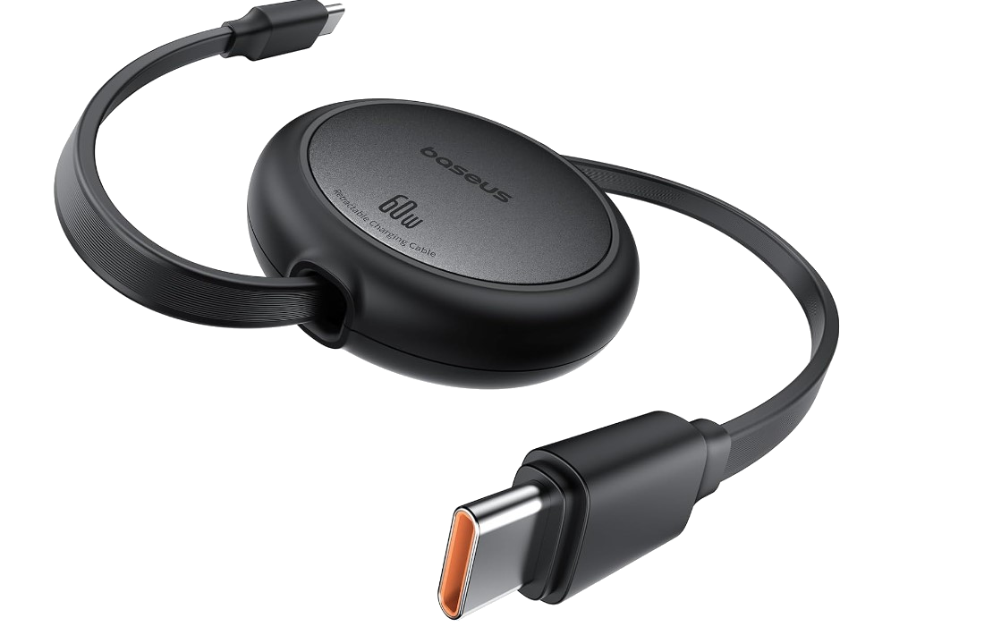 Siyah Baseus şarj kablosu, marka adı ve bir USB-C konektörü bulunan yuvarlak muhafaza.