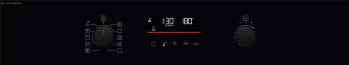 Panel sterowania piekarnika z dwoma pokrętłami, cyfrowym wyświetlaczem czasu i temperatury oraz różnymi ikonami.